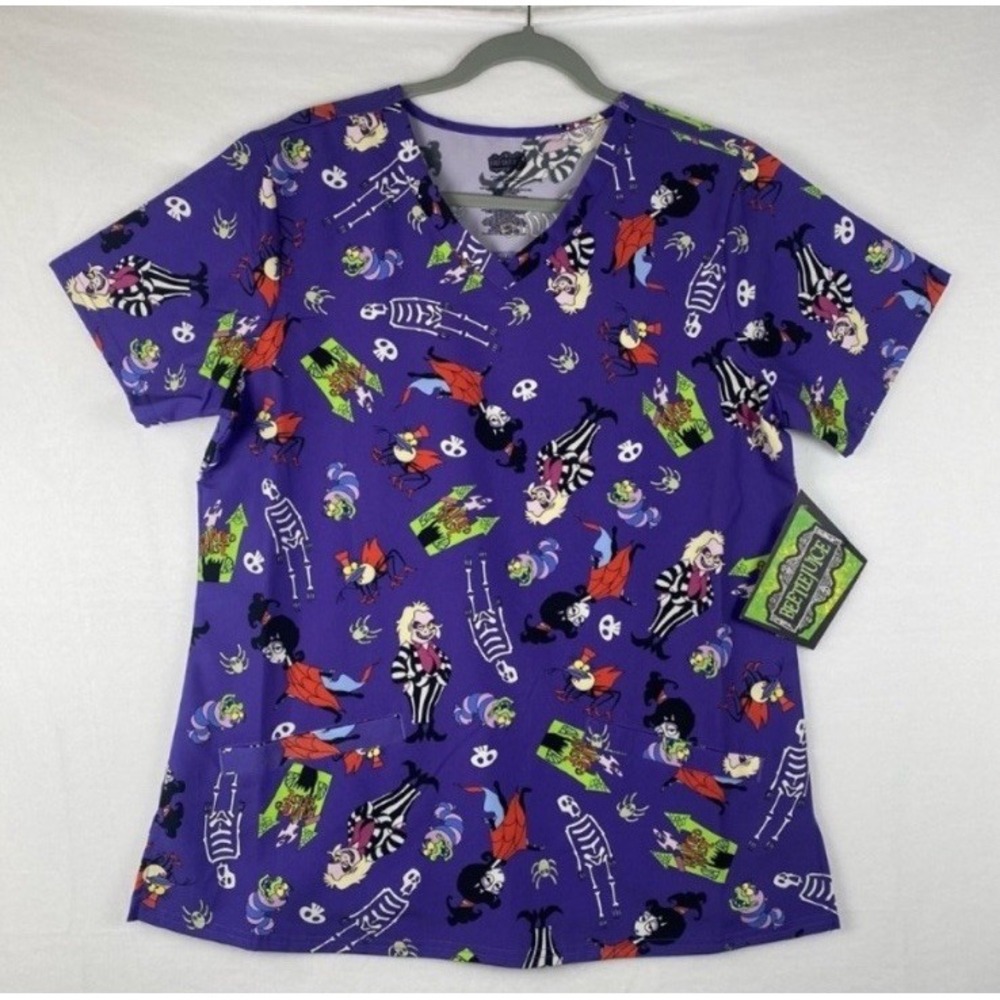 Beetlejuice Purple Halloween Print Fashion Scrub Top Size Medium NEW